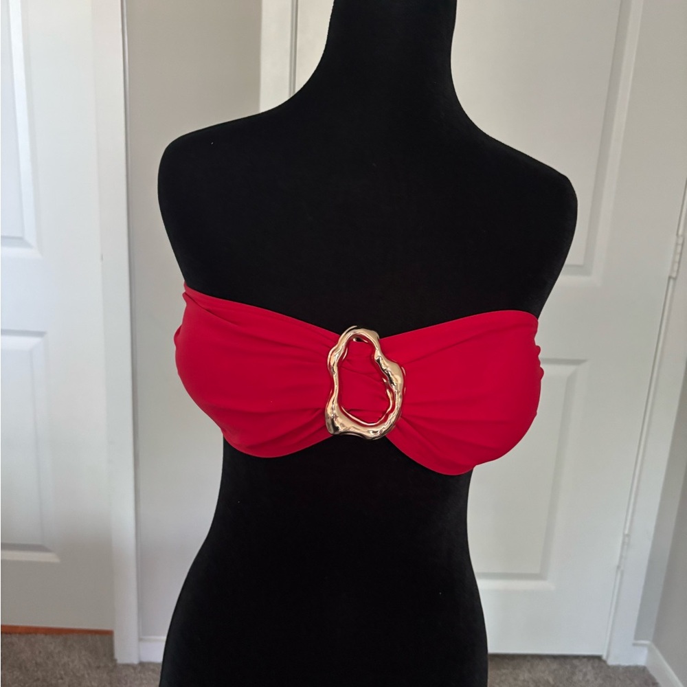 Red Bandeau Bikini Top and bottom  with Gold Accent